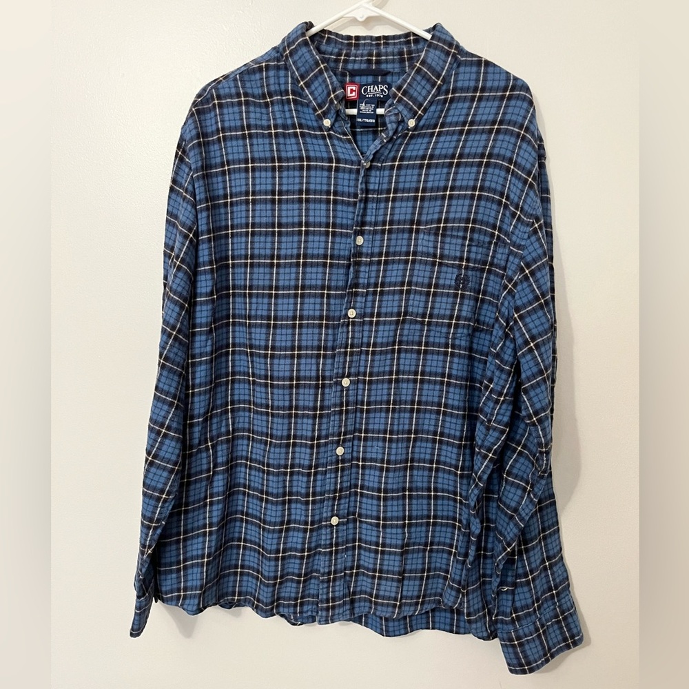 Chaps 100% Cotton Blue and White Plaid Button Up Flannel Shirt